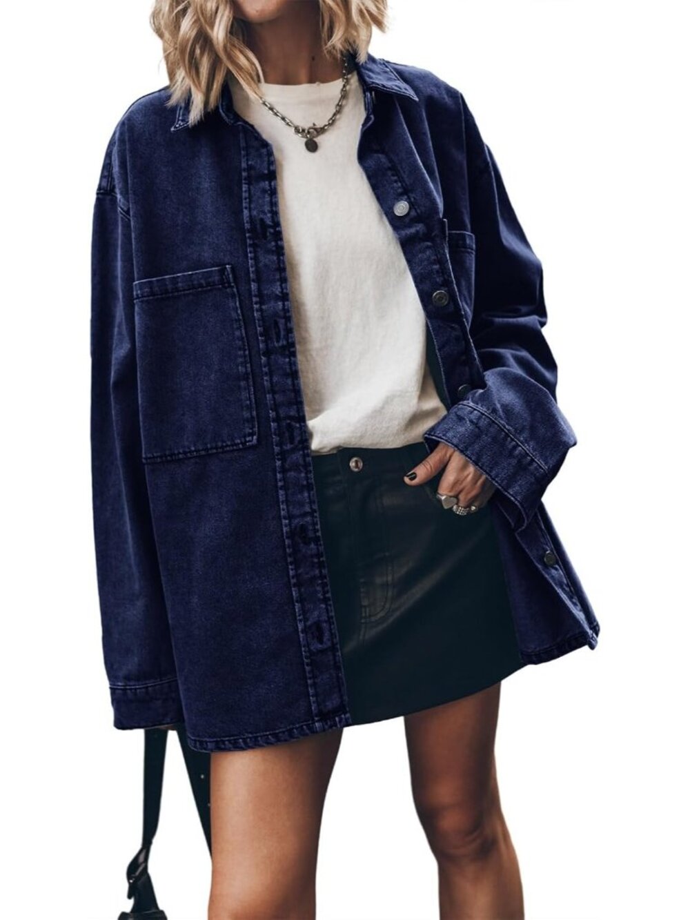 Women’s Navy Long Sleeve Button Up Oversized Denim Casual Overshirt Jean Jacket